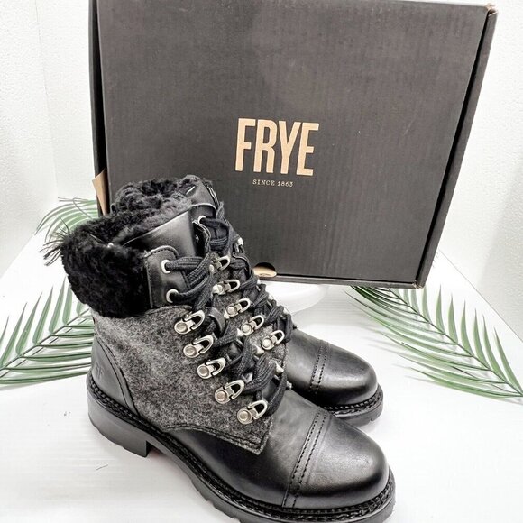 FRYE Women's Samantha Hiker Black Leather Lace Up Combat Bootie Size 5.5M NWB - Picture 7 of 11